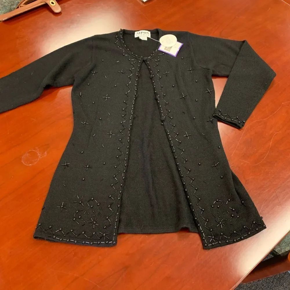 Nipon Black Acrylic Beaded Open Front Cardigan Sweater sz S NWT